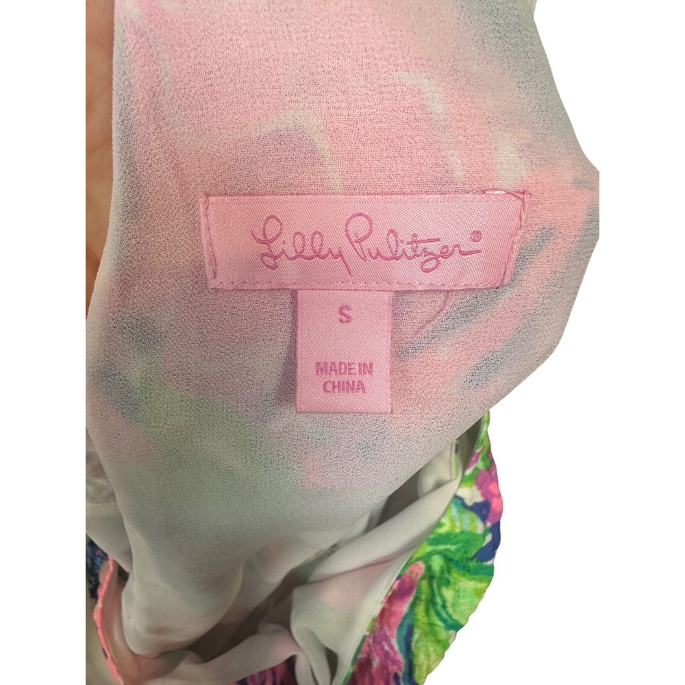 Lilly Pulitzer Pink Green Blue Floral Tassel Back Ruffle Hem Shift Dress Small - Picture 4 of 9